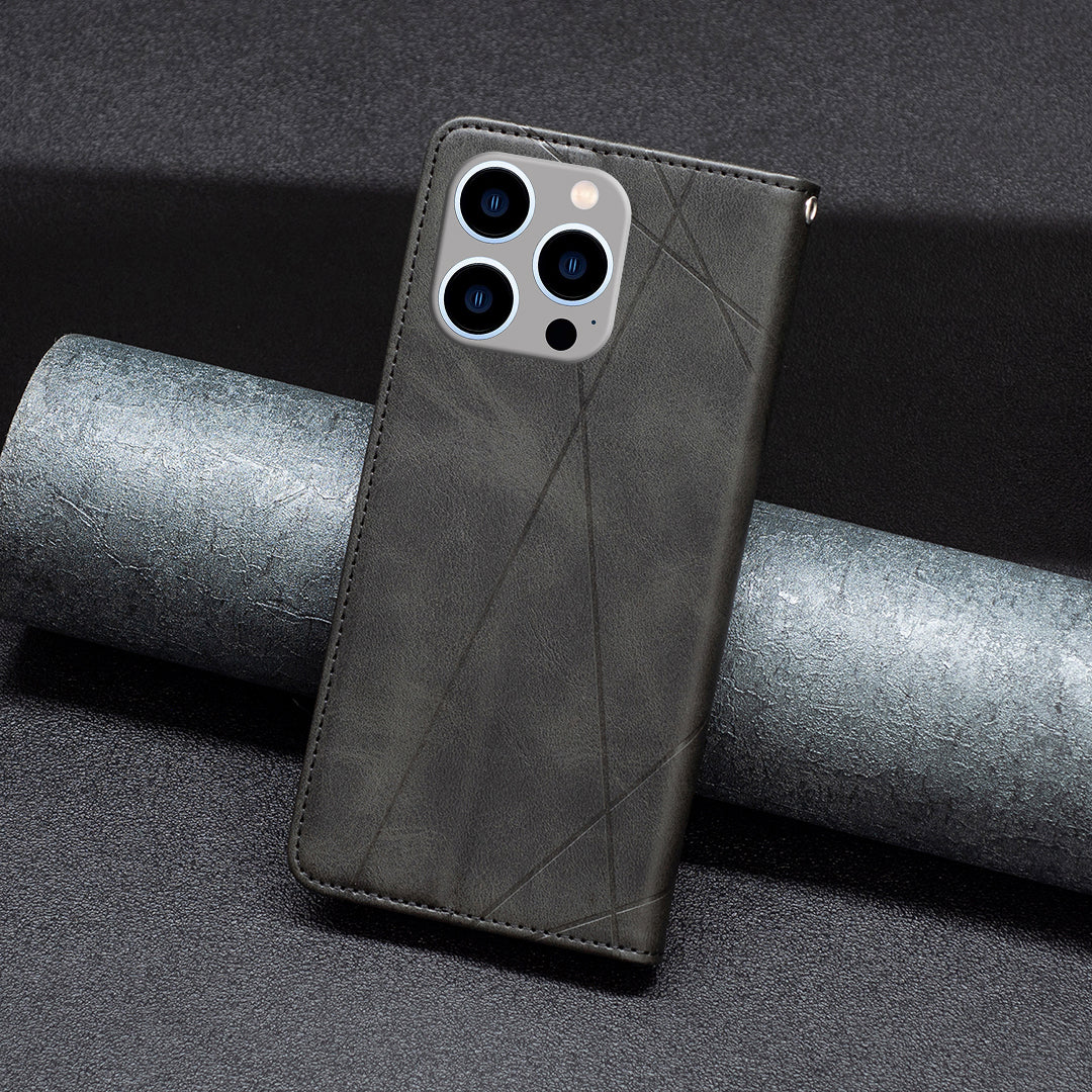 Uniqkart for iPhone 15 Pro Max Stand Leather Phone Cover Card Holder Shell Imprinted Line Cell Phone Case - Black Uniqkart for iPhone 15 Pro Max Stand Leather Phone Cover Card Holder Shell Imprinted Line Cell Phone Case - Black